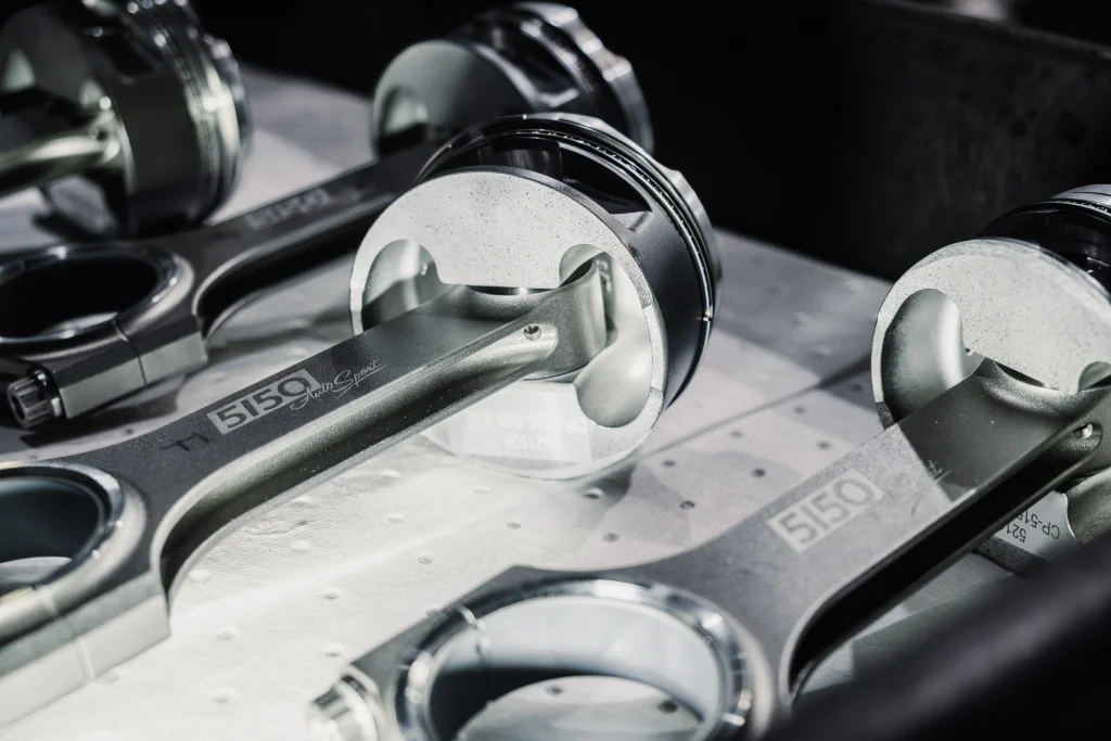 Forged pistons and Carrillo rods assembled for BMW S58 3.4L stroker build