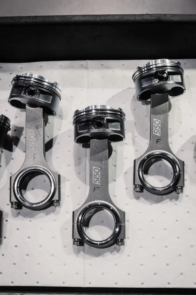 Forged pistons and Carrillo rods assembled for BMW S58 3.4L stroker build