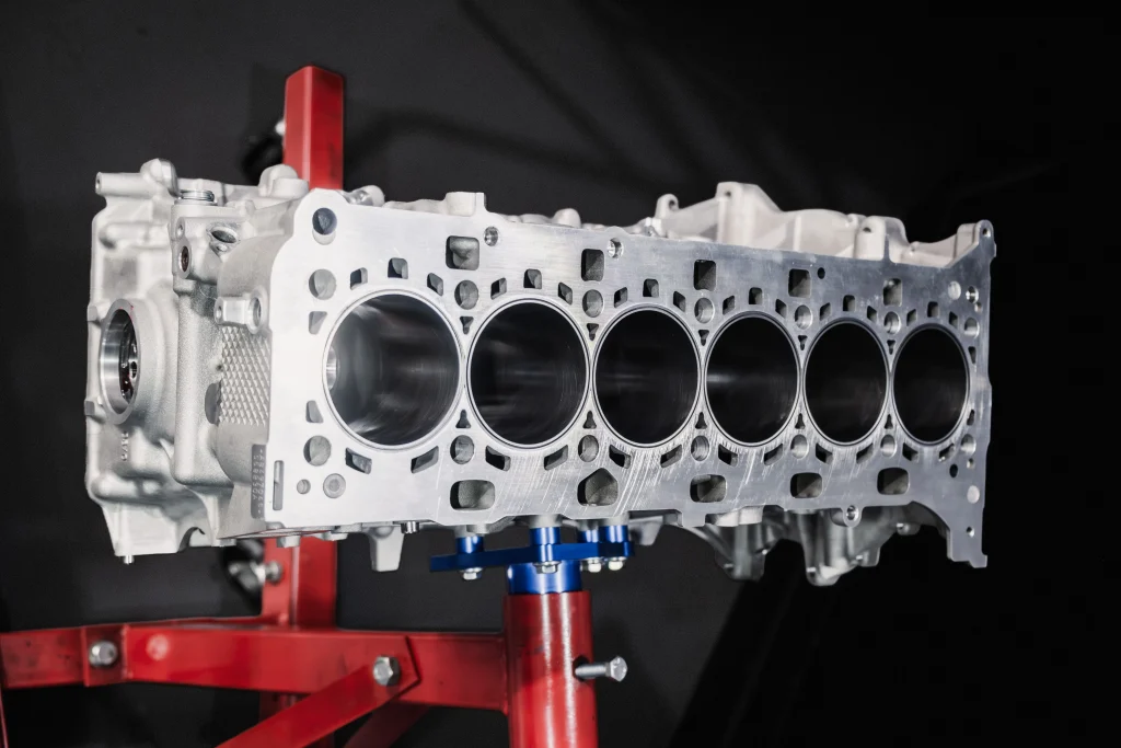 5150 AutoSport stroker crankshaft installed in BMW S58 engine block for Grimace 3.4L build