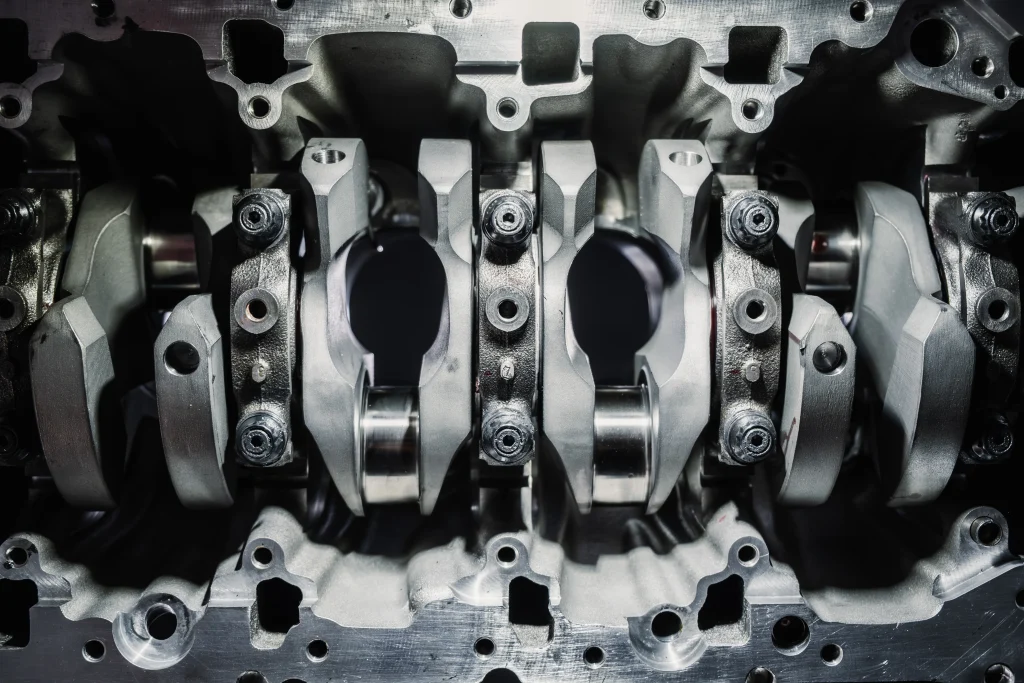 5150 AutoSport stroker crankshaft installed in BMW S58 engine block for Grimace 3.4L build