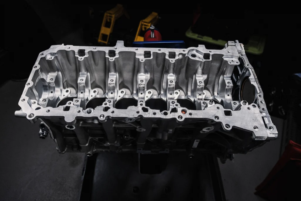 BMW S58 closed-deck engine block with upgraded sleeves for 3.4L stroker build
