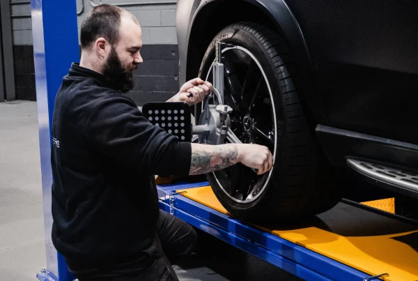 Laser wheel alignment performed by European vehicle specialists.