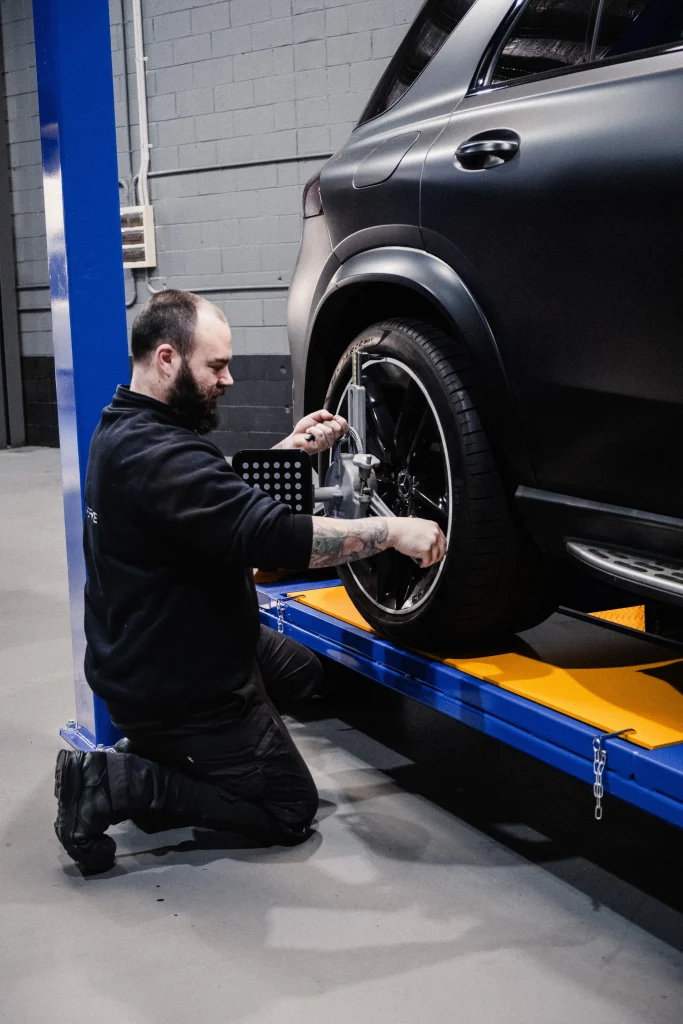 Laser wheel alignment performed by European vehicle specialists.